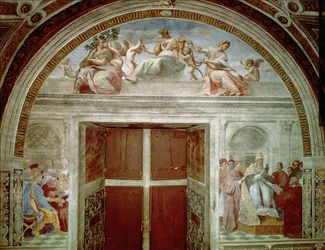 Die gerichtlichen Tugenden: Papst Gregor IX. genehmigt die Vatikanischen Dekretalen; Justinian übergibt die Pandekten an Trebonianus